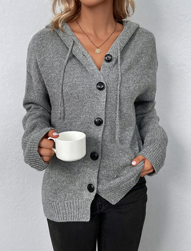 Button-Up Drawstring Hooded Cardigan