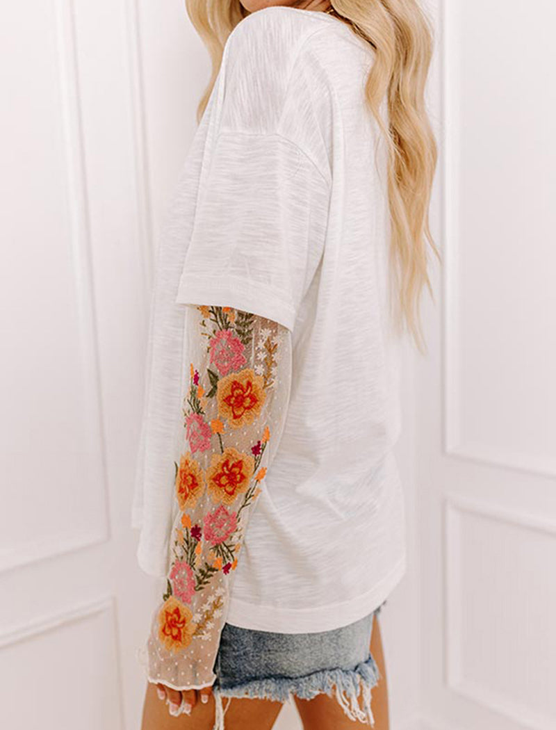 Oversized Tee with Sheer Lace Sleeves