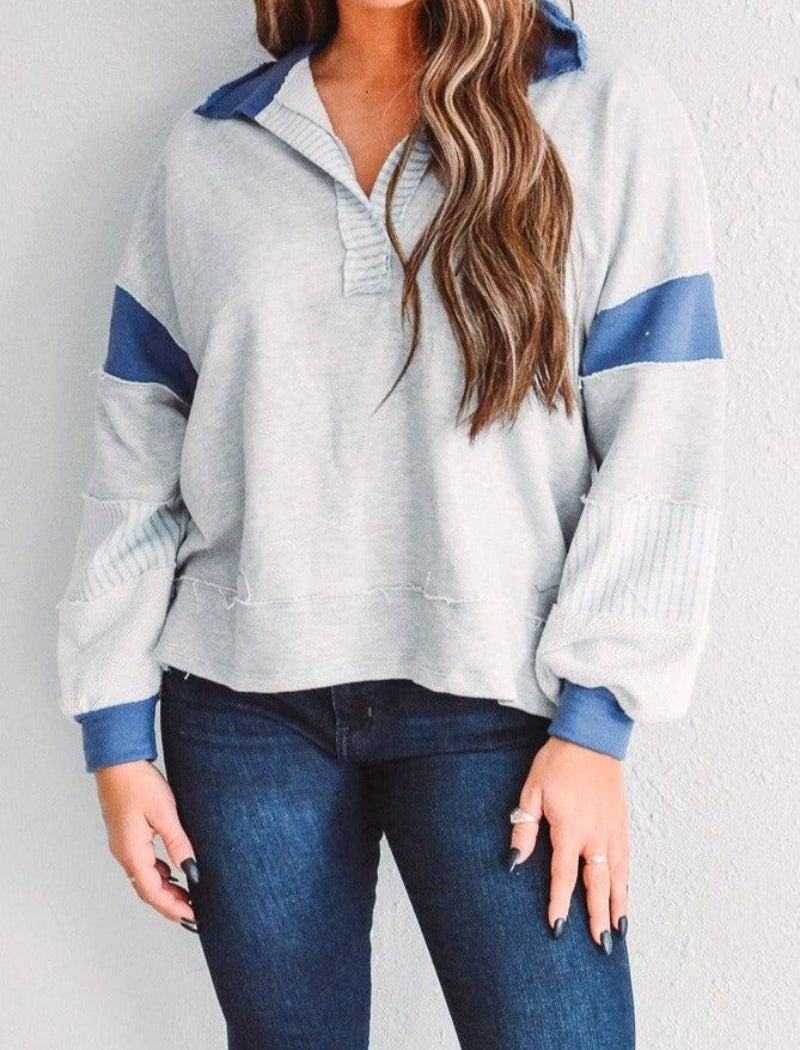 Striped Patchwork Pullover with V-Neck