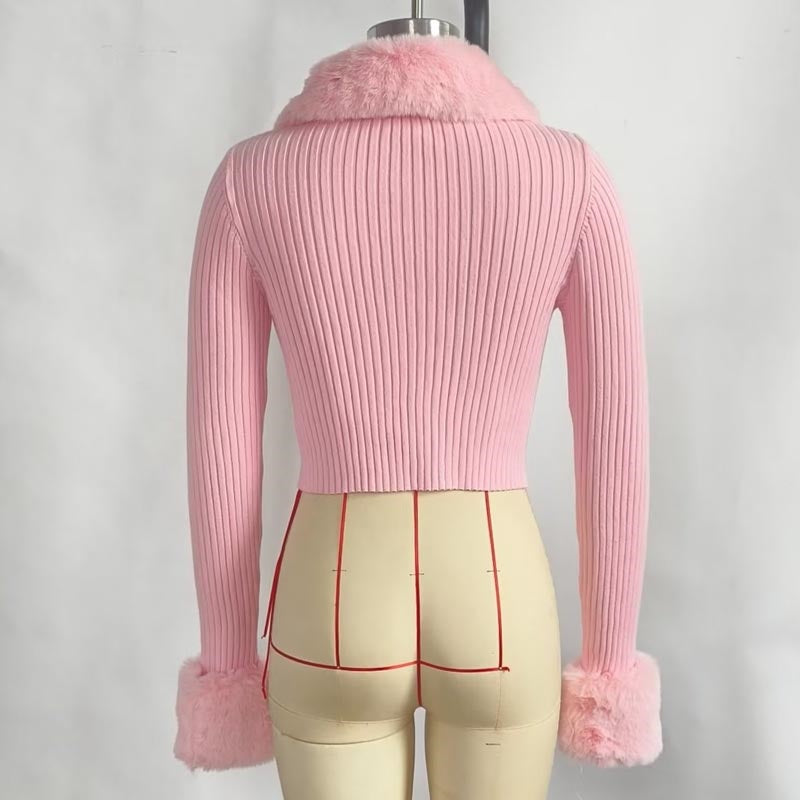 Fur-Trimmed Ribbed Cropped Jacket