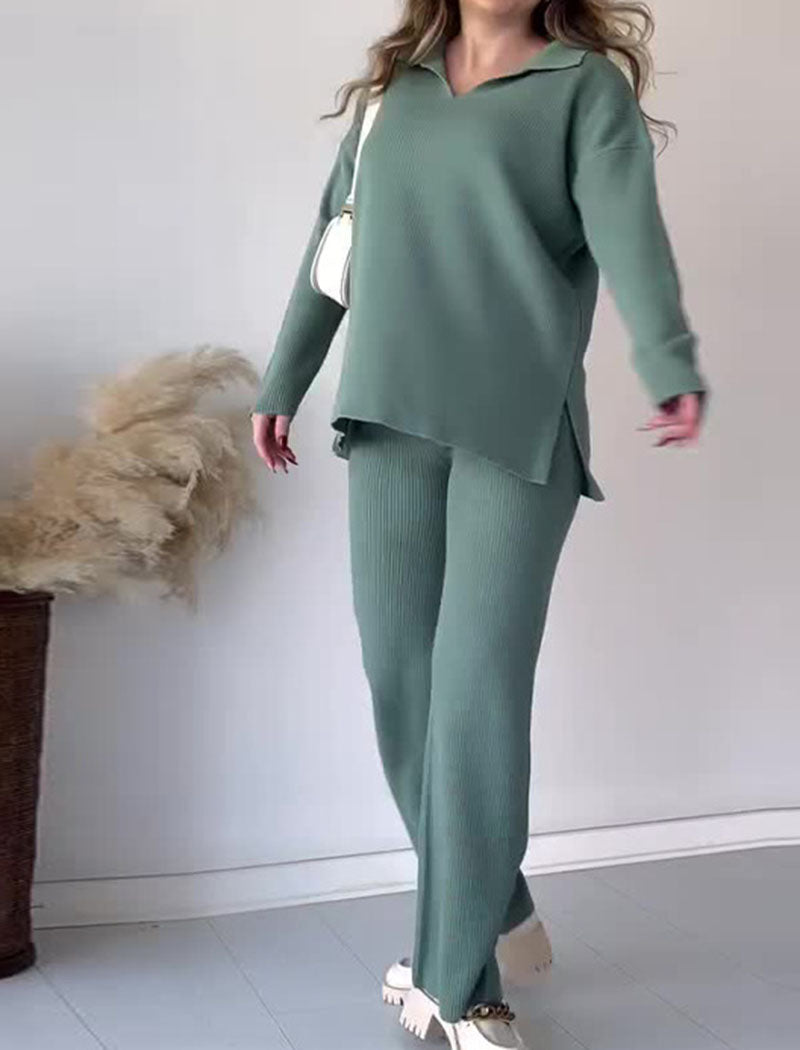 Ribbed Knit Lapel Sweater and Pants Set
