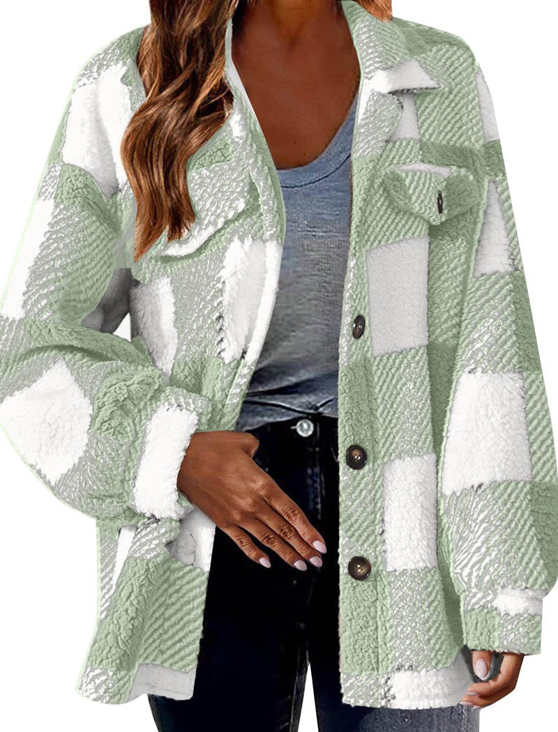 Plaid Sherpa Jacket with Button Closure