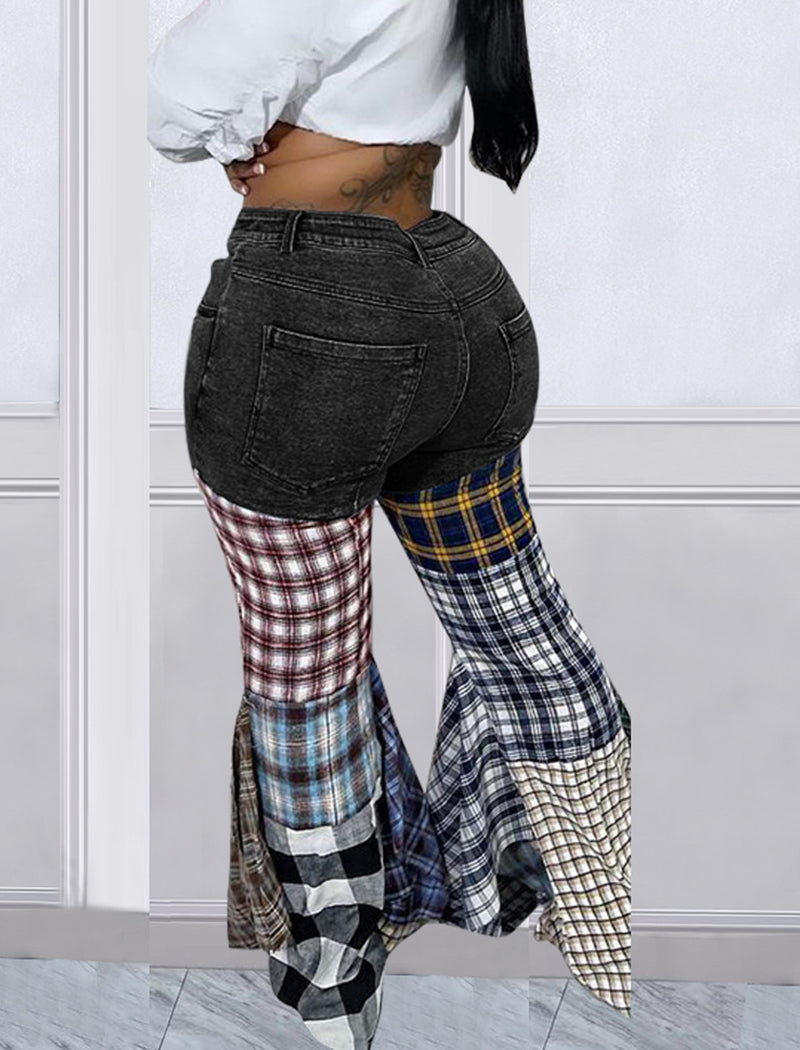 Patchwork Flare Leg Denim Pants
