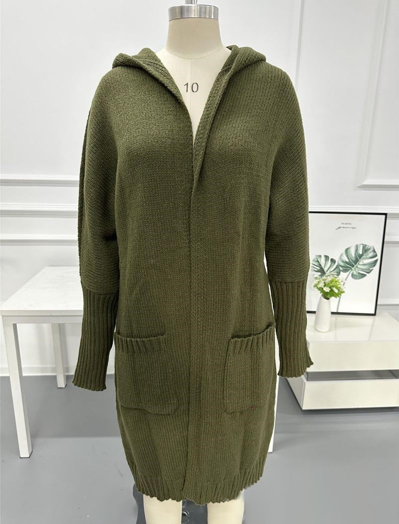 Solid Color Hooded Mid-Length Knit Cardigan
