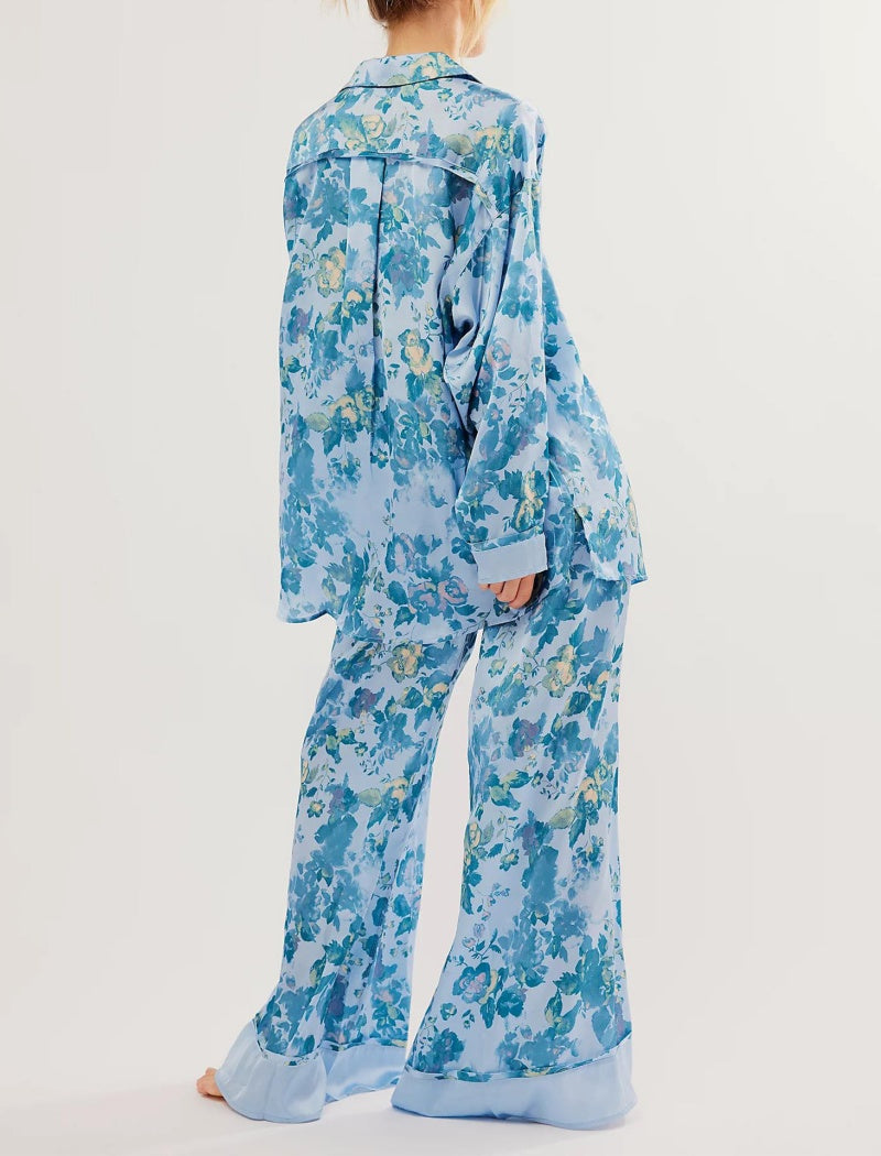 Floral Print Satin Long-Sleeves and Pants Pajama Set