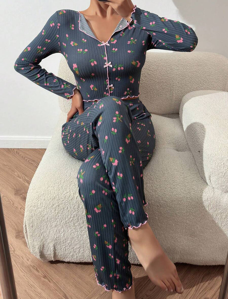 Bow Tie Collar Rolled-Cuff Long Sleeve Pajama Set
