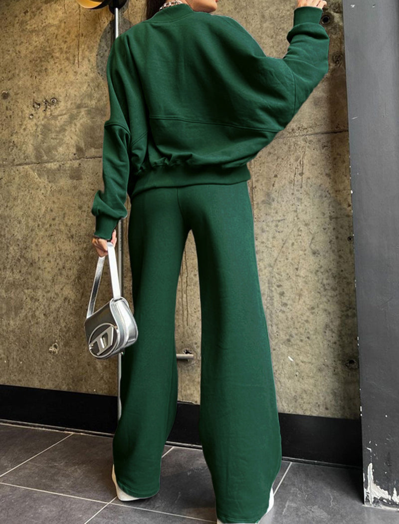 Zip-Up Cropped Jacket and Wide-Leg Pants Set