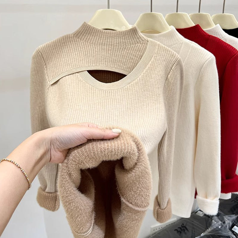 Fleece-Lined Mock Neck Cutout Sweater