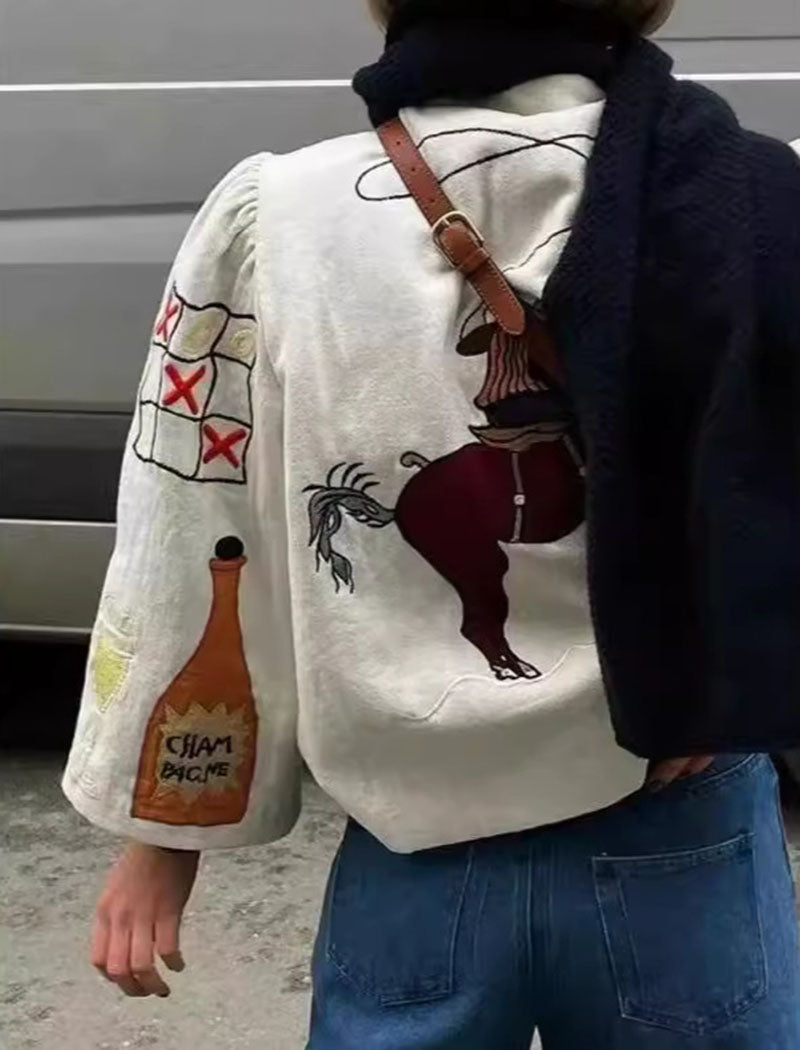 Graphic Patch Embellished Button Jacket