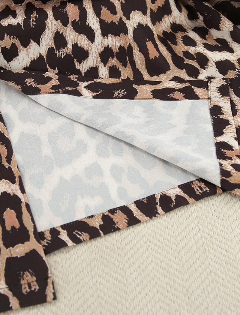 Leopard Print Square Neck Long Sleeve Crop Top and Pants Set