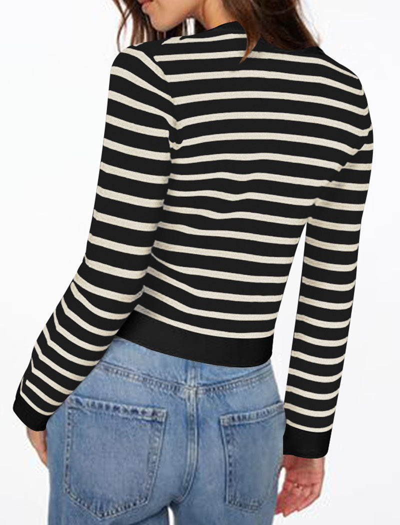 Striped Button-Up Cropped Cardigan
