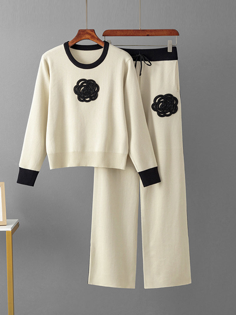 Floral Patchwork Sweater and Wide-Leg Pants Set