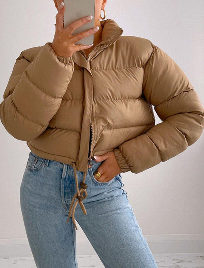 Cropped Puffer Jacket with Stand Collar