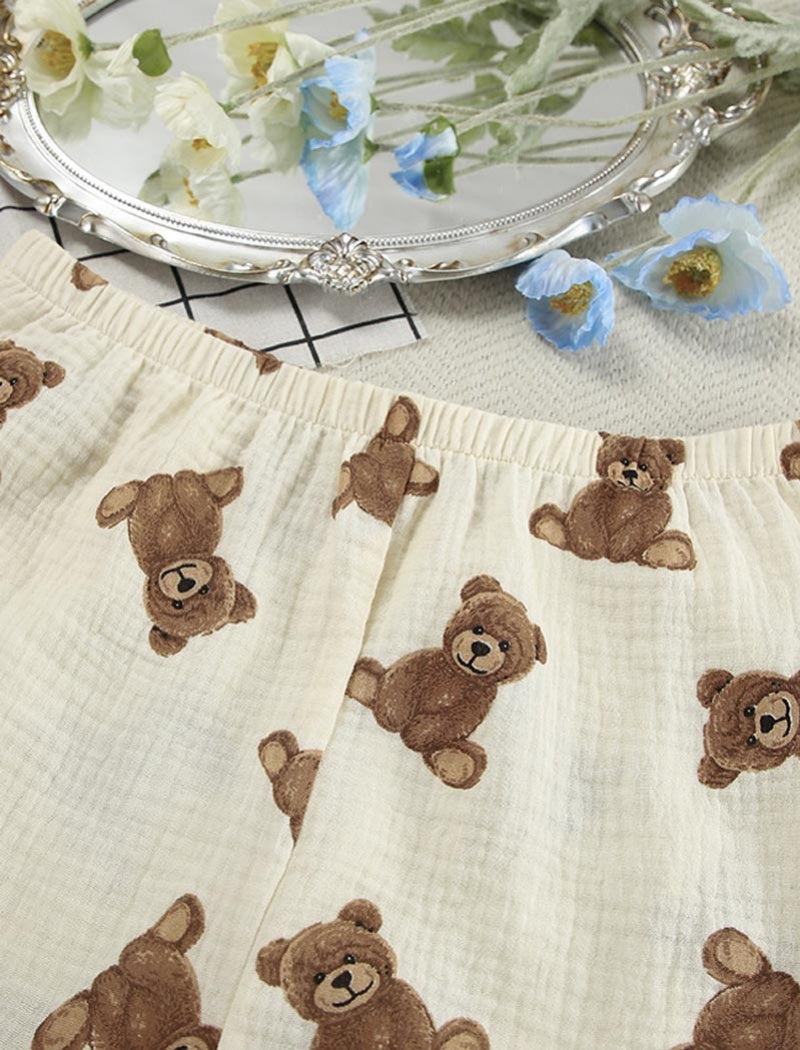Teddy Bear Print Button-Up Pajama Set