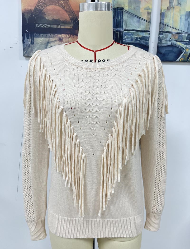 Fringe Accent Knit Crew Neck Sweater