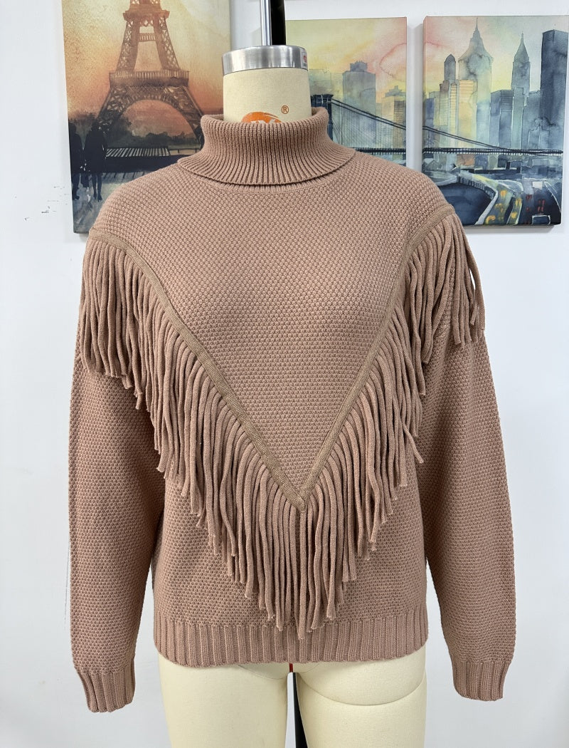 Fringe Knit Turtleneck Sweater with V-Design