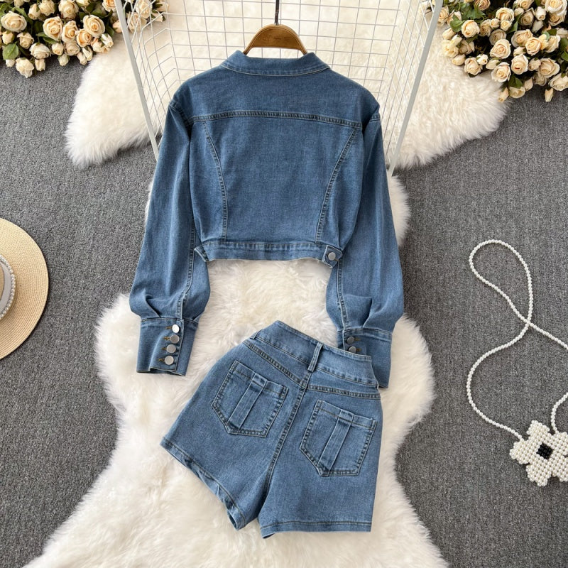 Cropped Denim Jacket and High-Rise Shorts Set