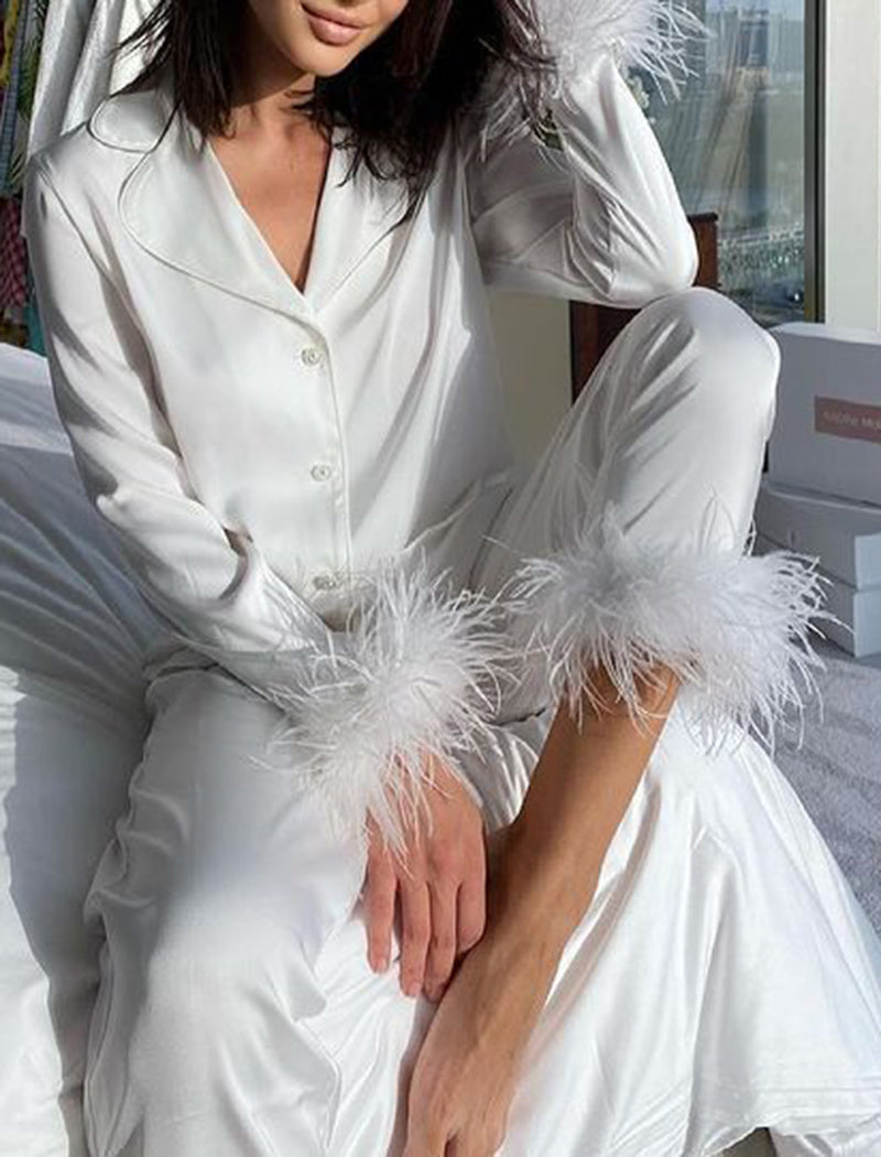 Feather Trim Button-Up Pajama Set
