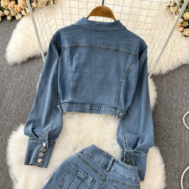 Cropped Denim Jacket and High-Rise Shorts Set