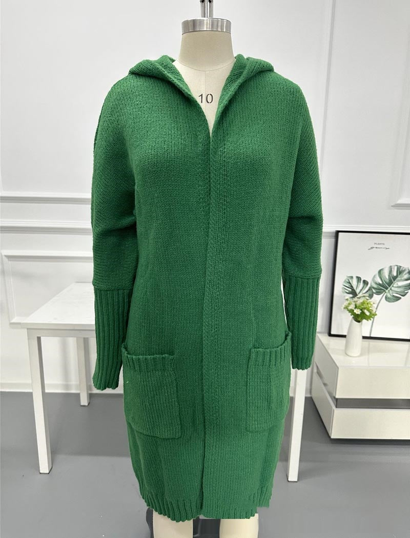 Solid Color Hooded Mid-Length Knit Cardigan