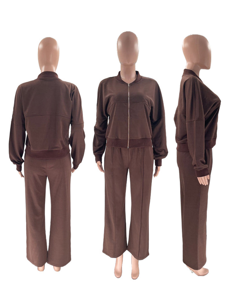 Zip-Up Cropped Jacket and Wide-Leg Pants Set