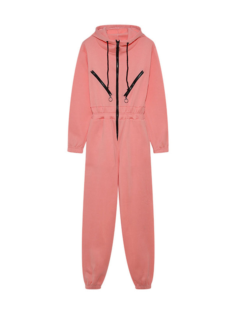Drawstring Hooded Zip-Up Jumpsuit