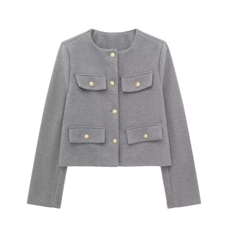 Pocket Front Cropped Button-Up Jacket