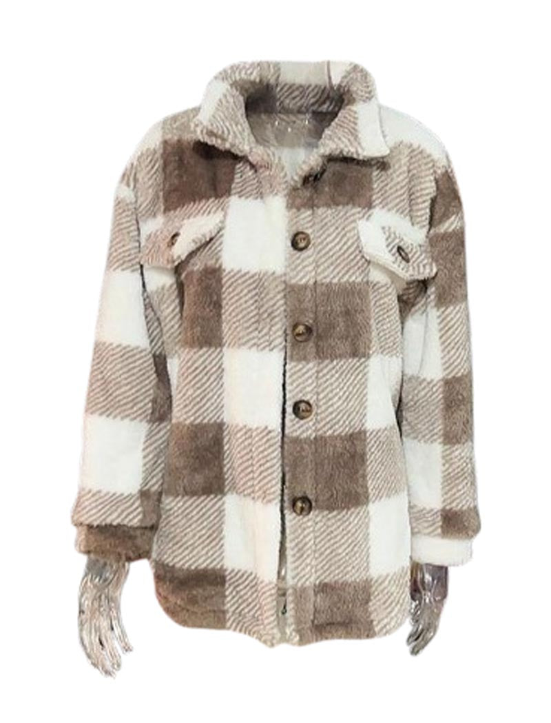 Plaid Sherpa Jacket with Button Closure