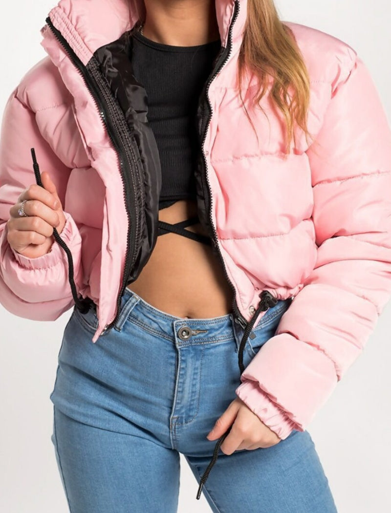 Cropped Puffer Jacket with Stand Collar