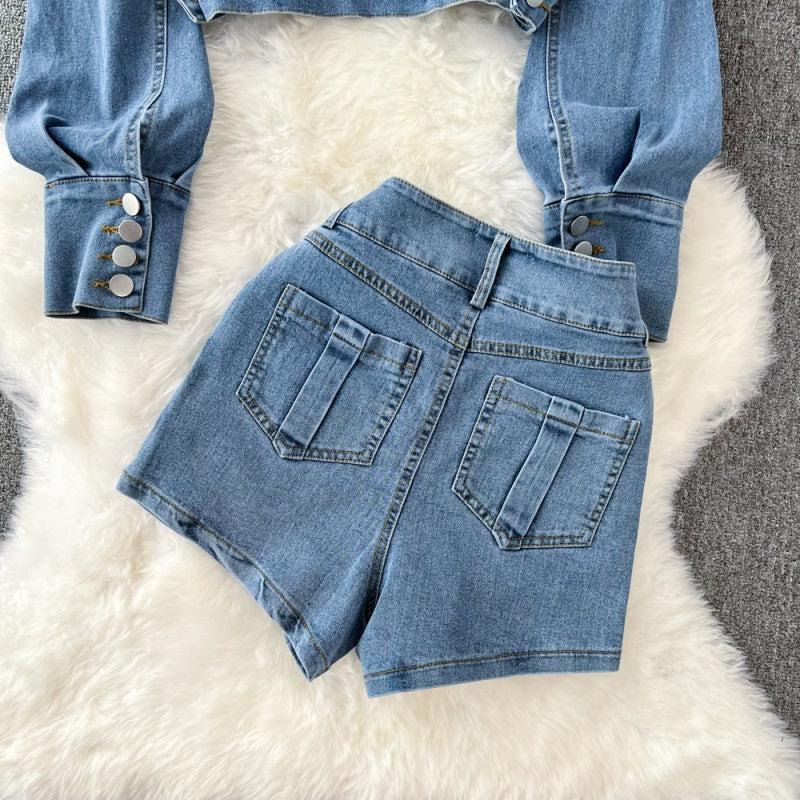 Cropped Denim Jacket and High-Rise Shorts Set