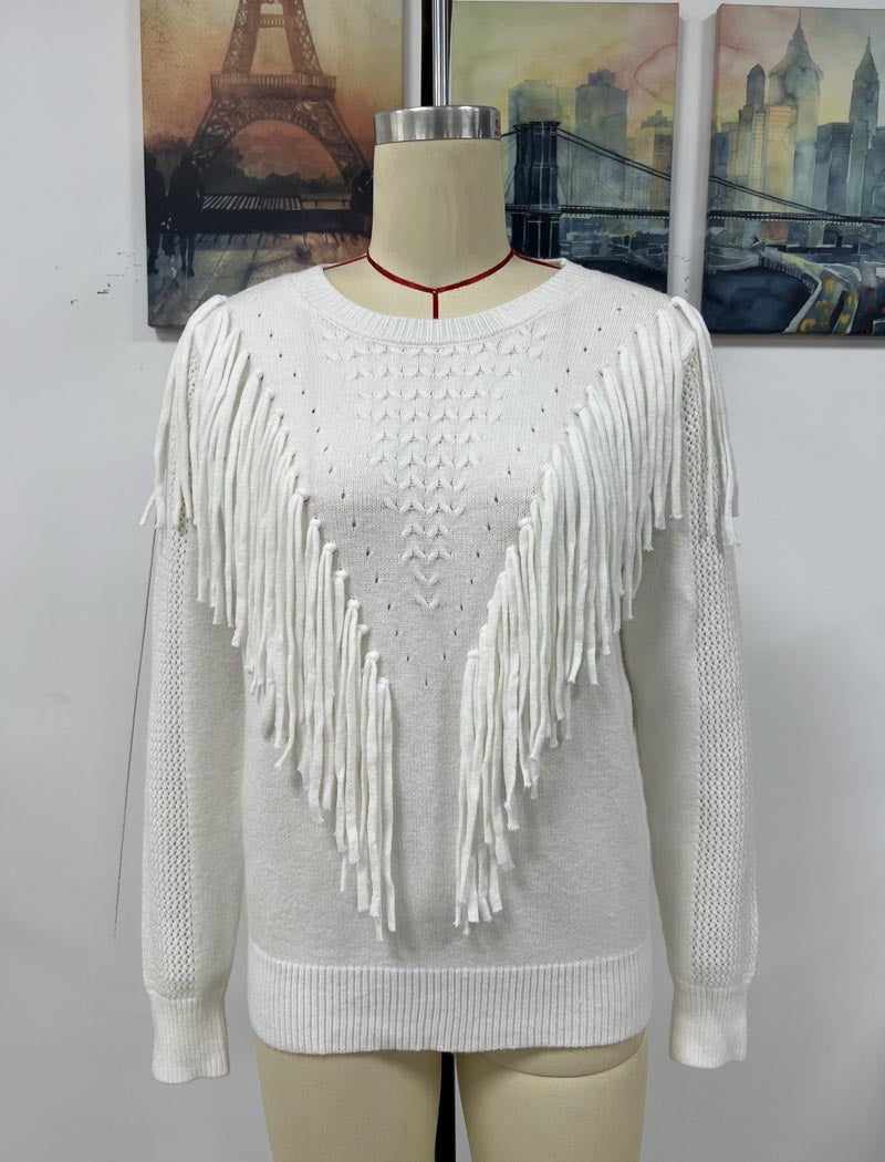 Fringe Accent Knit Crew Neck Sweater