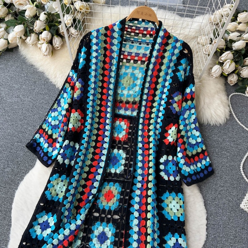 Bohemian Long Crochet Open-Front Cardigan