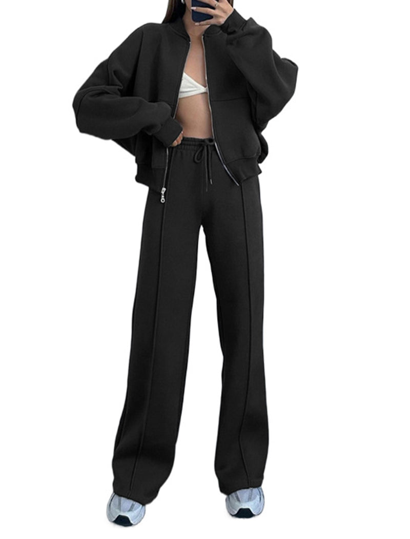 Zip-Up Cropped Jacket and Wide-Leg Pants Set