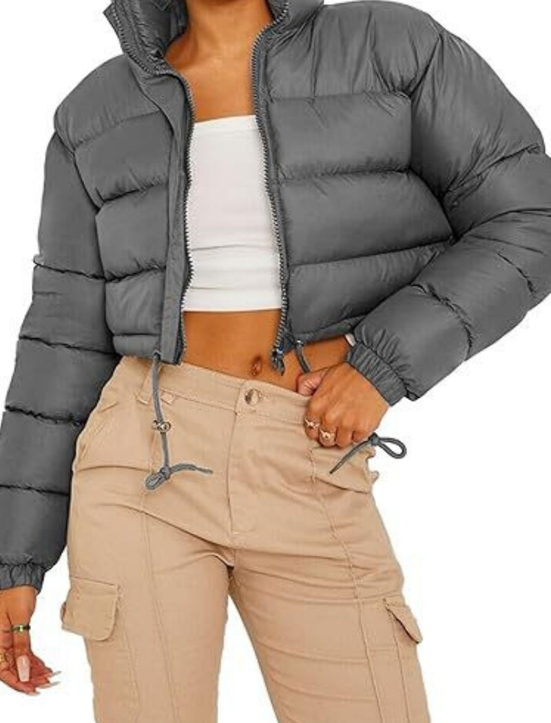 Cropped Puffer Jacket with Stand Collar