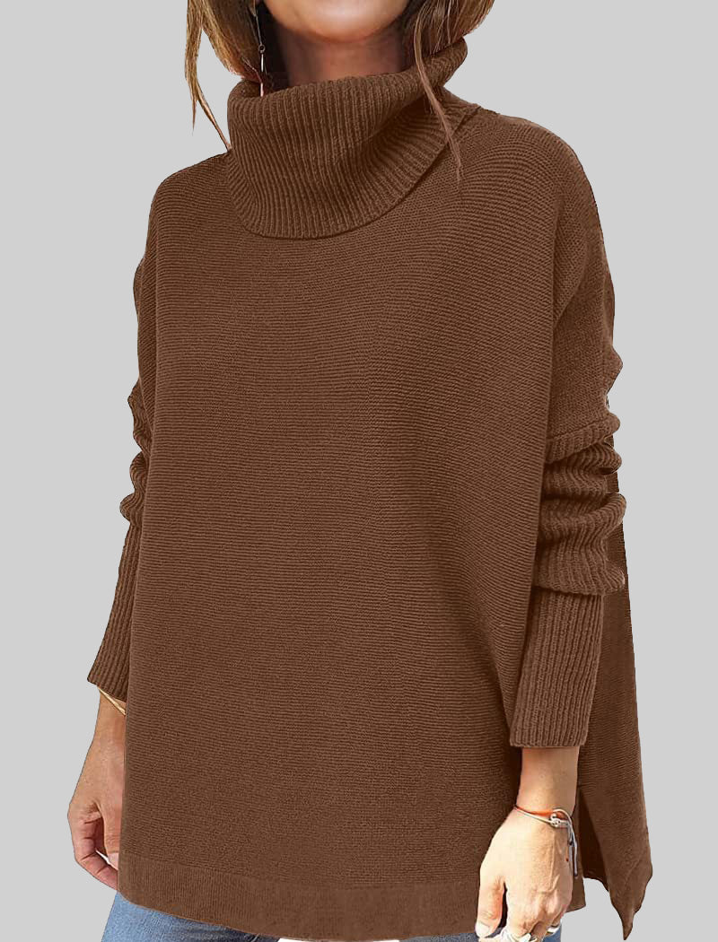 High Neck Batwing Sleeve Slit Hem Waist-Tie Sweater