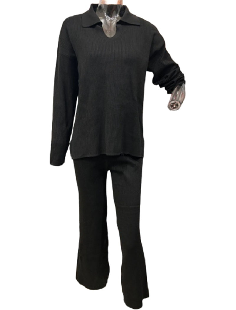 Ribbed Knit Lapel Sweater and Pants Set