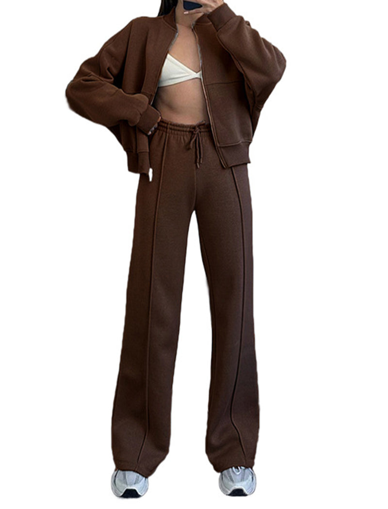 Zip-Up Cropped Jacket and Wide-Leg Pants Set