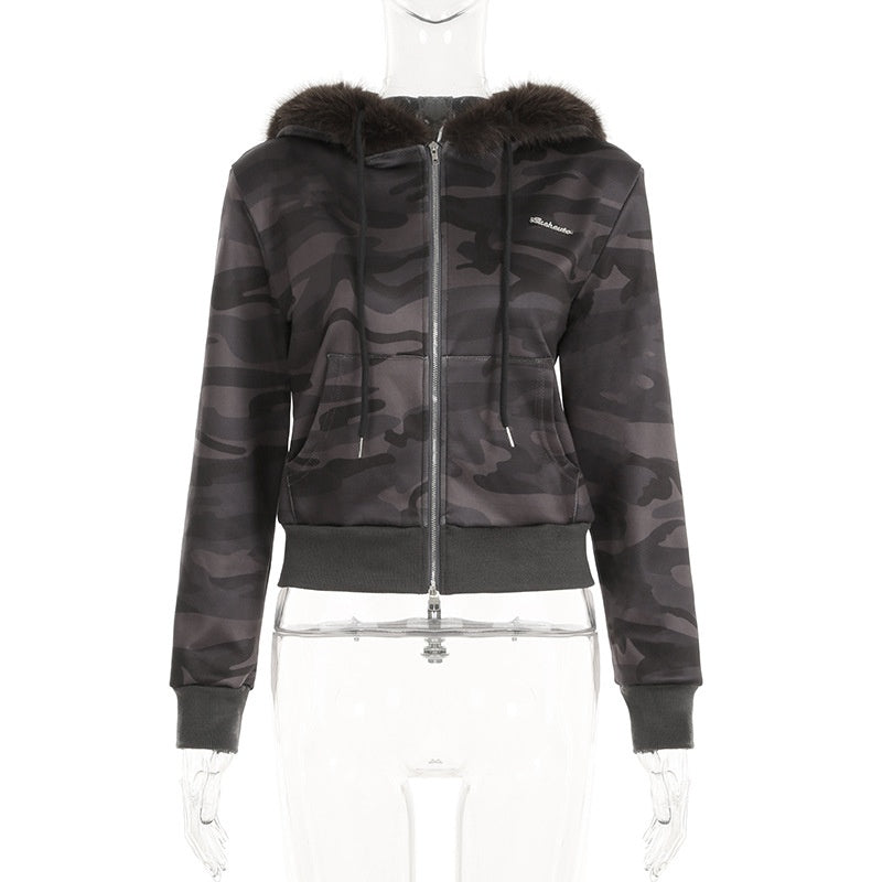 Hooded Fuzzy Patchwork Jacket