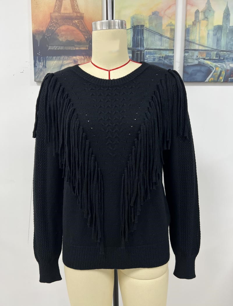 Fringe Accent Knit Crew Neck Sweater