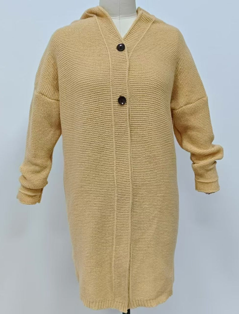 Oversized Button-Up Knit Hooded Cardigan
