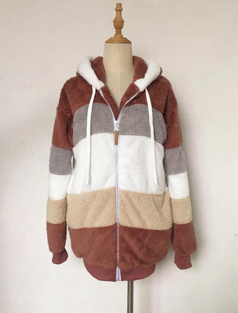 Hooded Patchwork Fuzzy Jacket