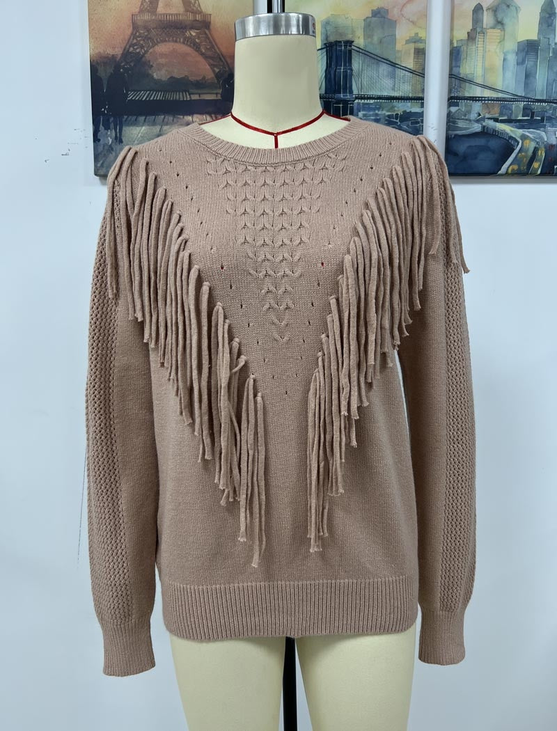 Fringe Accent Knit Crew Neck Sweater