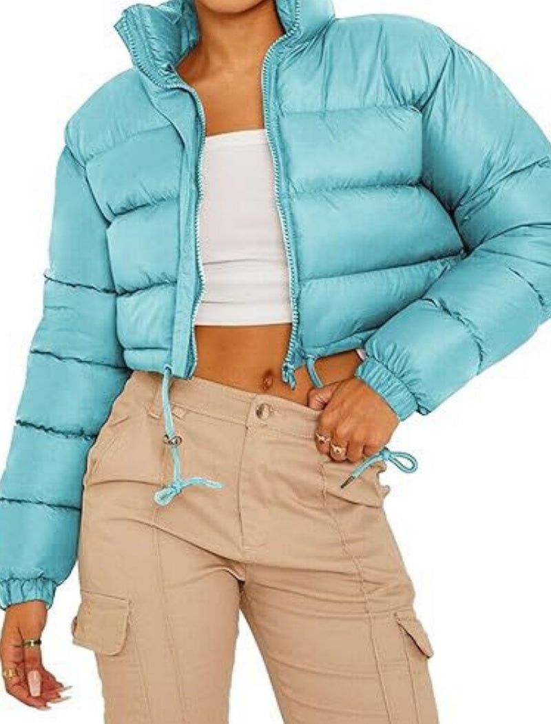 Cropped Puffer Jacket with Stand Collar