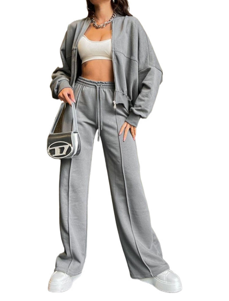 Zip-Up Cropped Jacket and Wide-Leg Pants Set