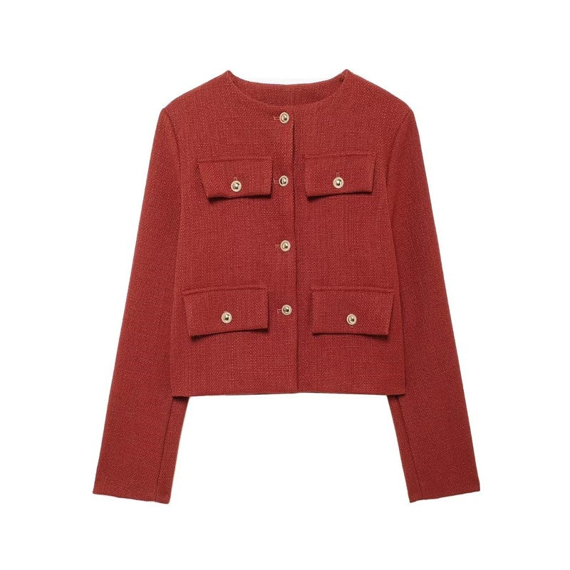 Pocket Front Cropped Button-Up Jacket