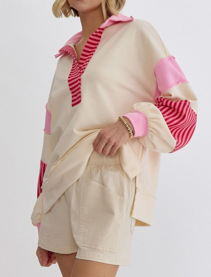 Striped Patchwork Pullover with V-Neck