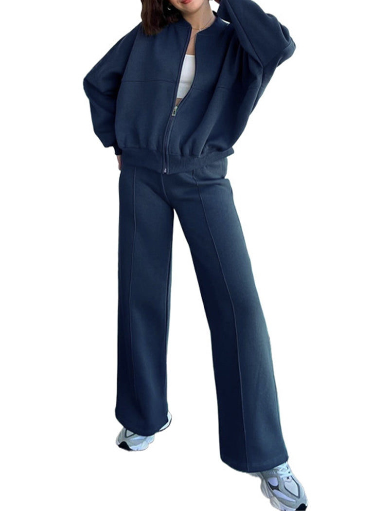 Zip-Up Cropped Jacket and Wide-Leg Pants Set