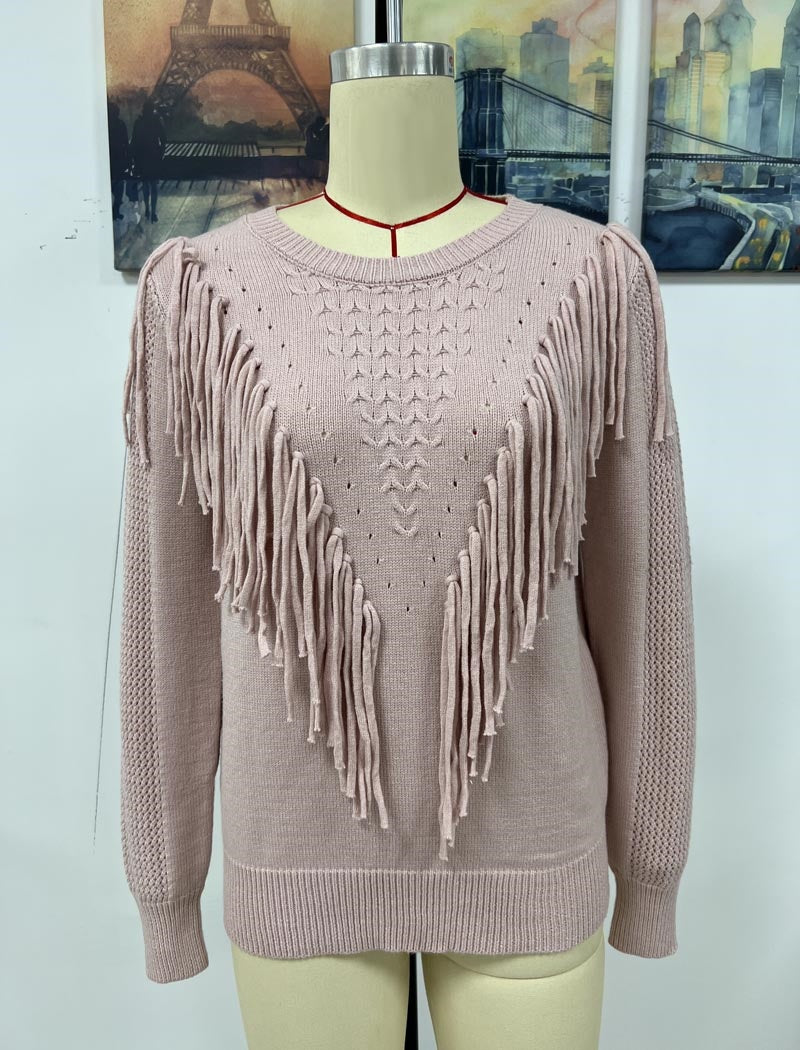 Fringe Accent Knit Crew Neck Sweater