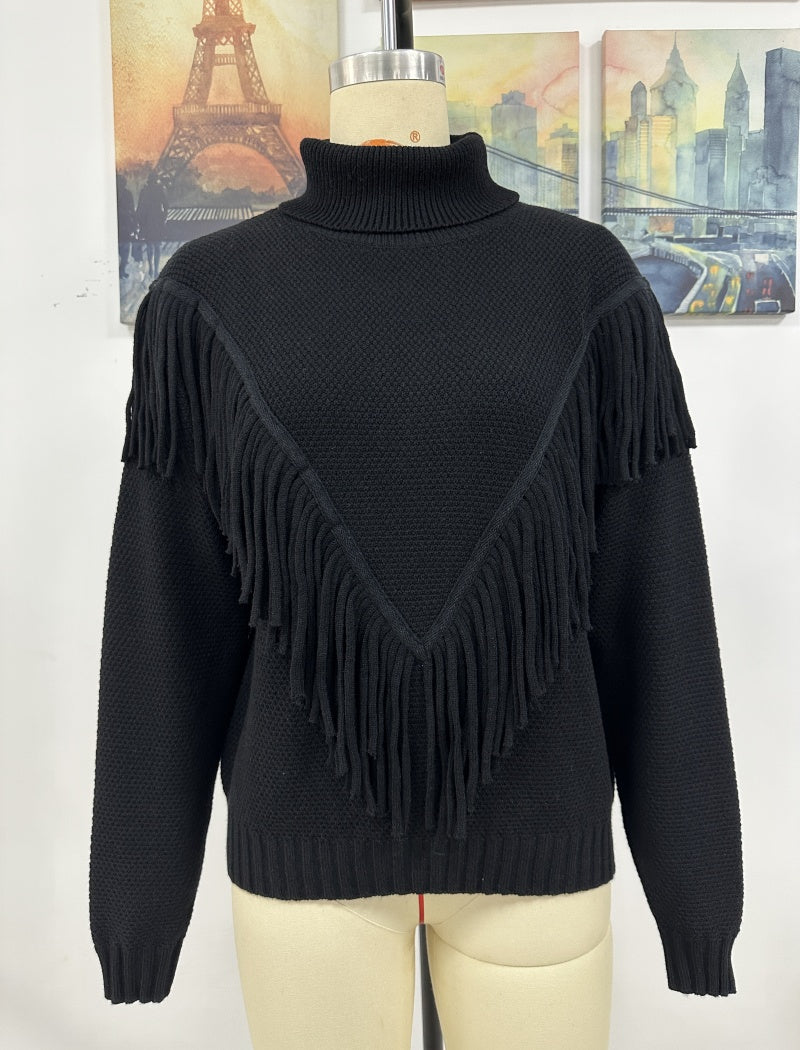 Fringe Knit Turtleneck Sweater with V-Design