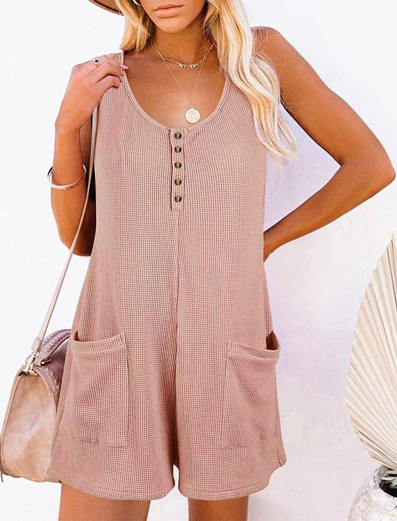 Sleeveless Button-Up Romper with Pockets